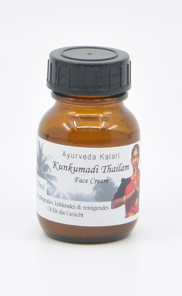 50-ml-Braunglastiegel mit Ayurveda Kalari Kunkumadi Thailam Gesichtscreme.