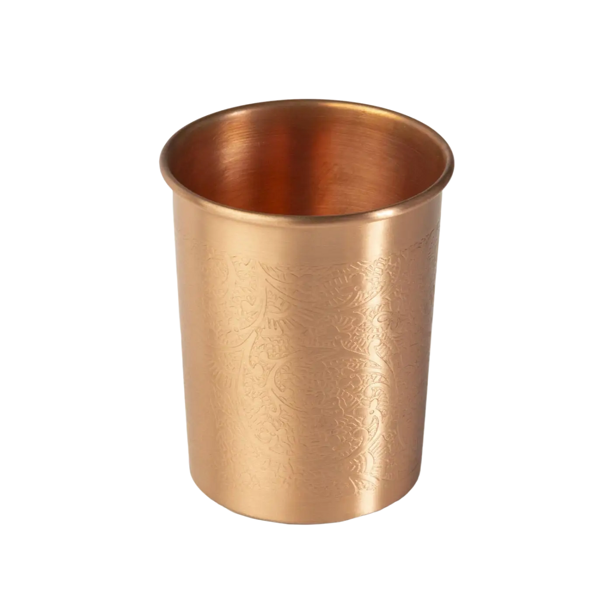Zwei kupferfarbene Trinkflaschen aus Kupferbecher mit Ornamenten, ideal für stilvolle Getränke und nachhaltigen Genuss.