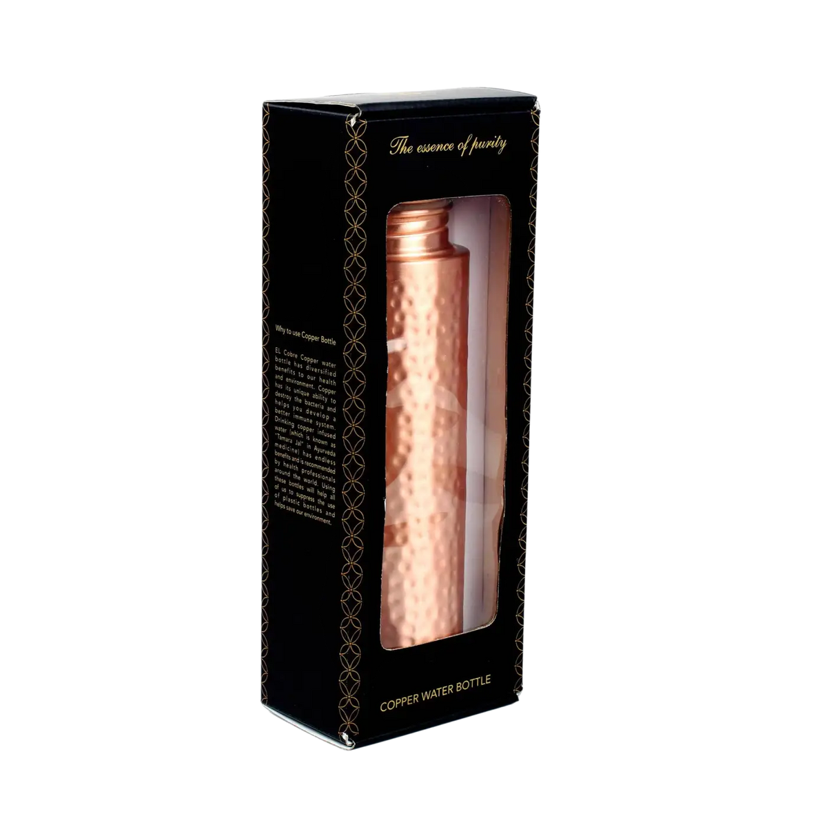 Gekrümmte Kupferflasche mit gehämmerter Ösenkappe, 1 Liter, von El'Cobre-Ecozonelifestyle, detailreiche Oberfläche und handgefertigtes Design
