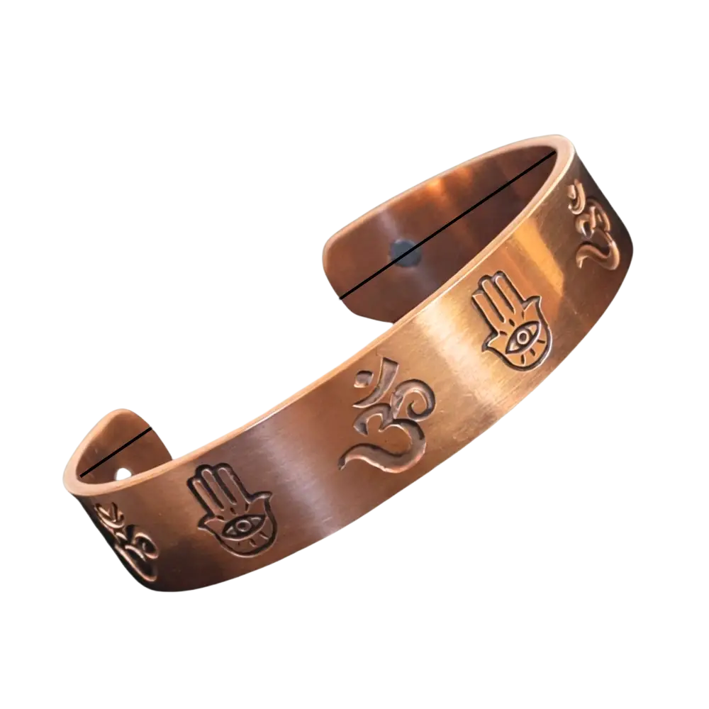 Kupferarmband Om & Hamsa mit zwei Magneten, Ayurveda Spezialist B.V., handgefertigtes Armreif mit Hamsa-Hand und Ohm-Symbol