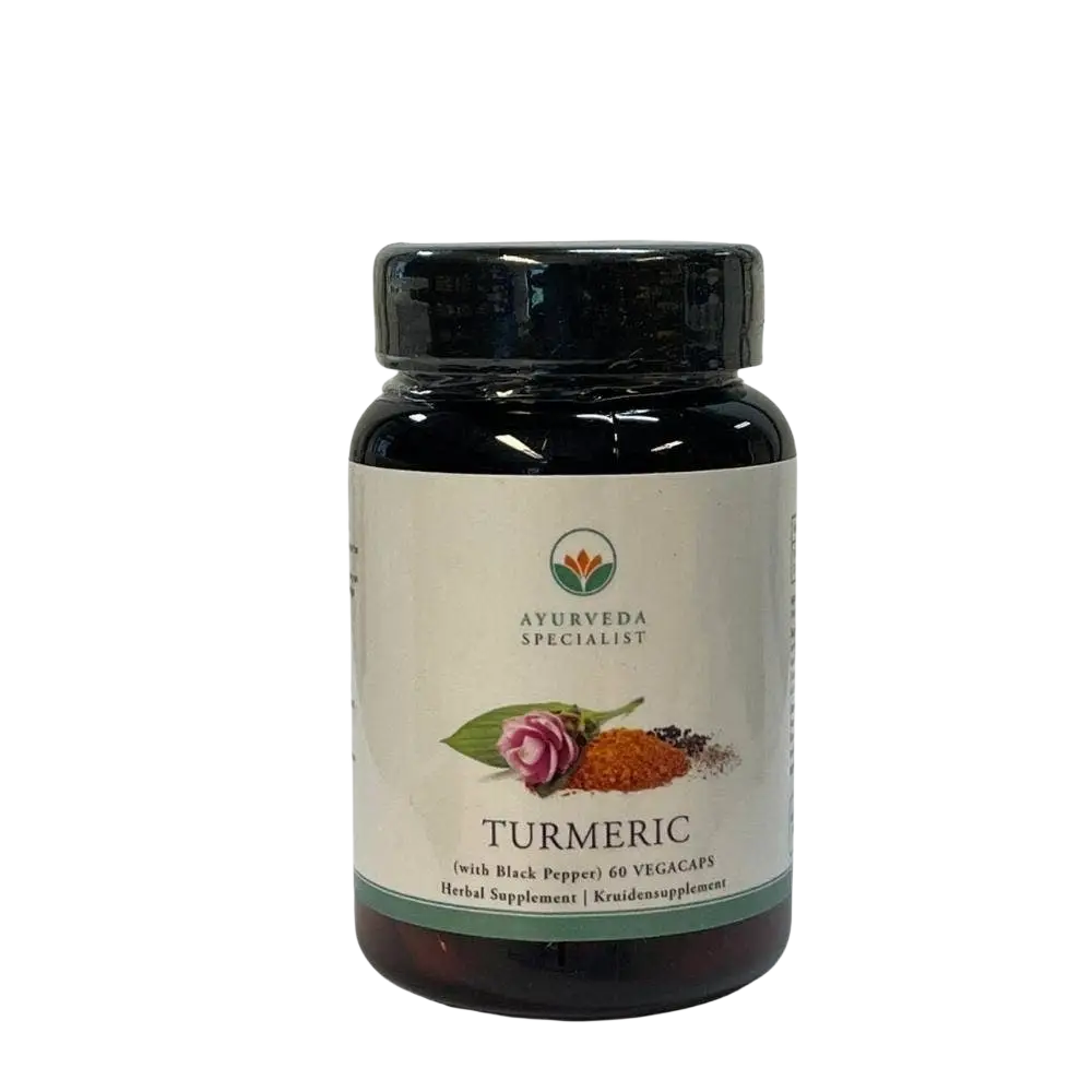 Nahrungsergänzungsmittel Kurkuma mit schwarzem Pfeffer in einer Glasflasche, Ayurveda Kräuterformel von Ayurveda Specialist B.V.