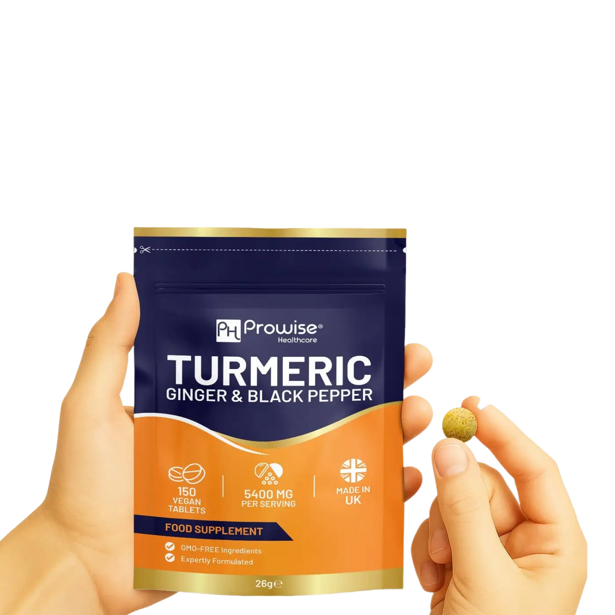 Kurkuma Tabletten von Prowise Healthcare mit 5400 mg, schwarzem Pfeffer und Ingwer, in einer weißen Packung.