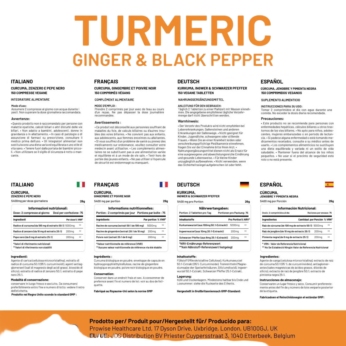 Kurkuma Tabletten von Prowise Healthcare, 5400 mg mit schwarzem Pfeffer und Ingwer, als Nahrungsergänzungsmittel in Tablettenform