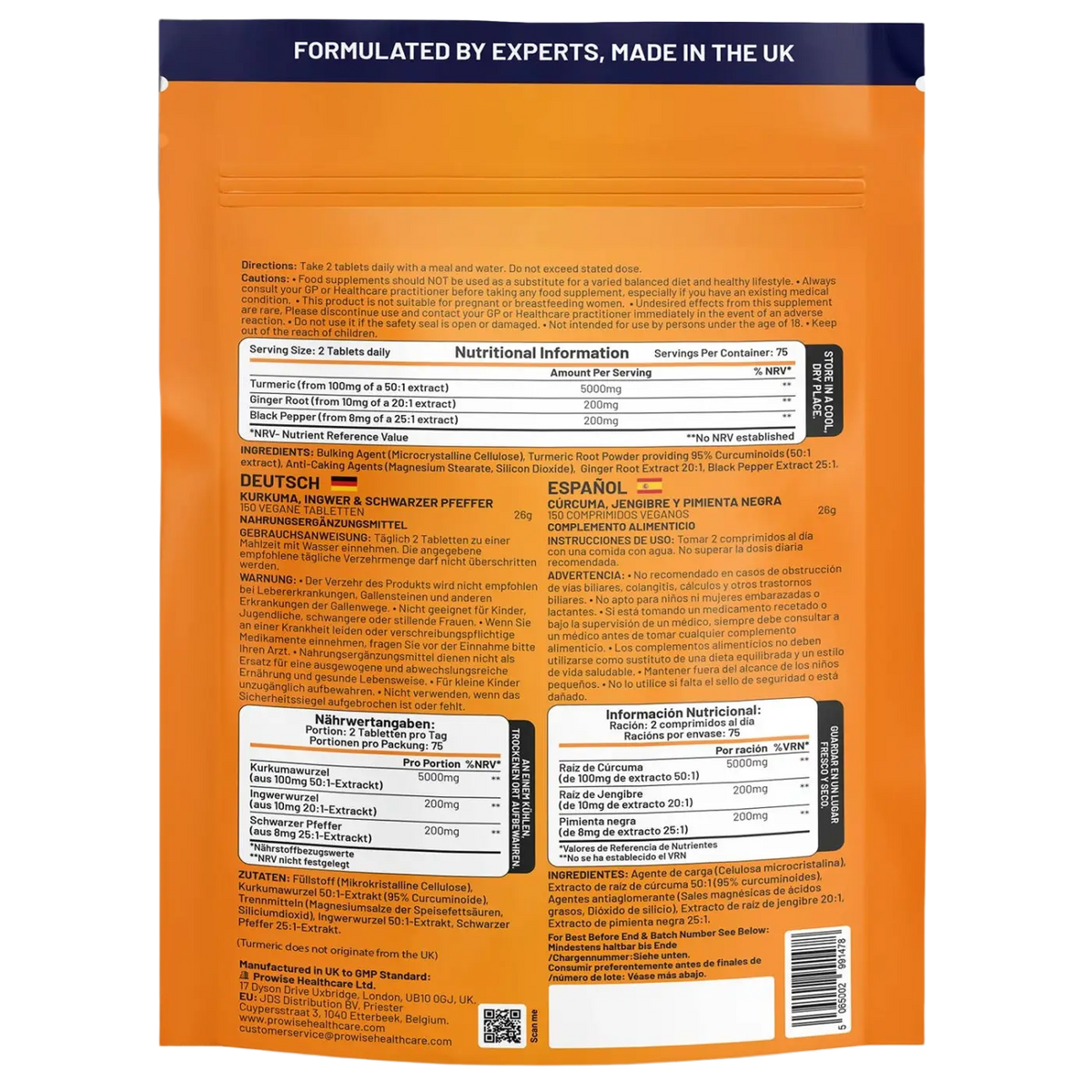 Kurkuma Tabletten von Prowise Healthcare, 5400 mg mit schwarzem Pfeffer und Ingwer, in einer geöffneten Packung.