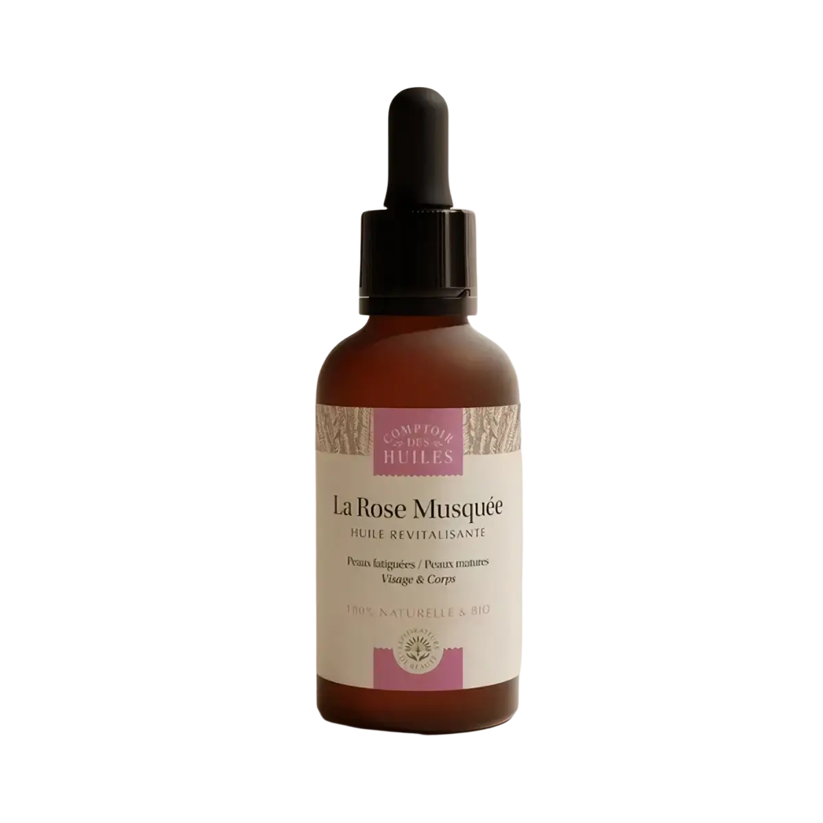 Gesichtspflege mit La Rose Musquée Bio-Hagebuttenöl von Comptoir des Huiles für strahlende Haut, Flasche mit Öl in dunklem Glas