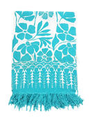 Turquoise lunghi sarong aus baumwolle mit weißem floralem muster und fransen pareo tuch 160x115cm mana shop
