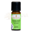 Kleine bernsteinfarbene glasflasche mit schwarzem deckel und grünem label von damascena lavendel fein bulgarisch bio 10ml