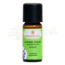 Kleine bernsteinfarbene glasflasche mit schwarzem deckel und grünem label von damascena lavendel fein französisch bio ätherisches öl 10ml