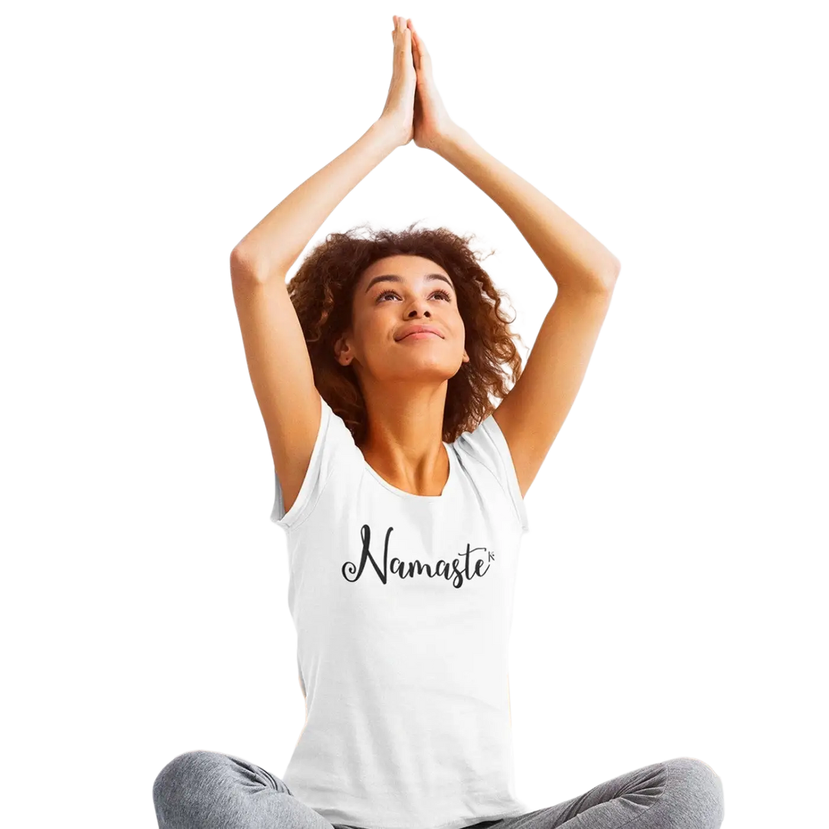 Weißes ärmelloses Yoga-Baum Print T-Shirt von KARMA YOGA SHOP, lebhafter Baum-Design, bequemes Damen-Kleidungsstück