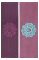 Two yoga mats from the leela collection mandala aubergine in deep purple and dusty rose with intricate mandala designs from mana shop