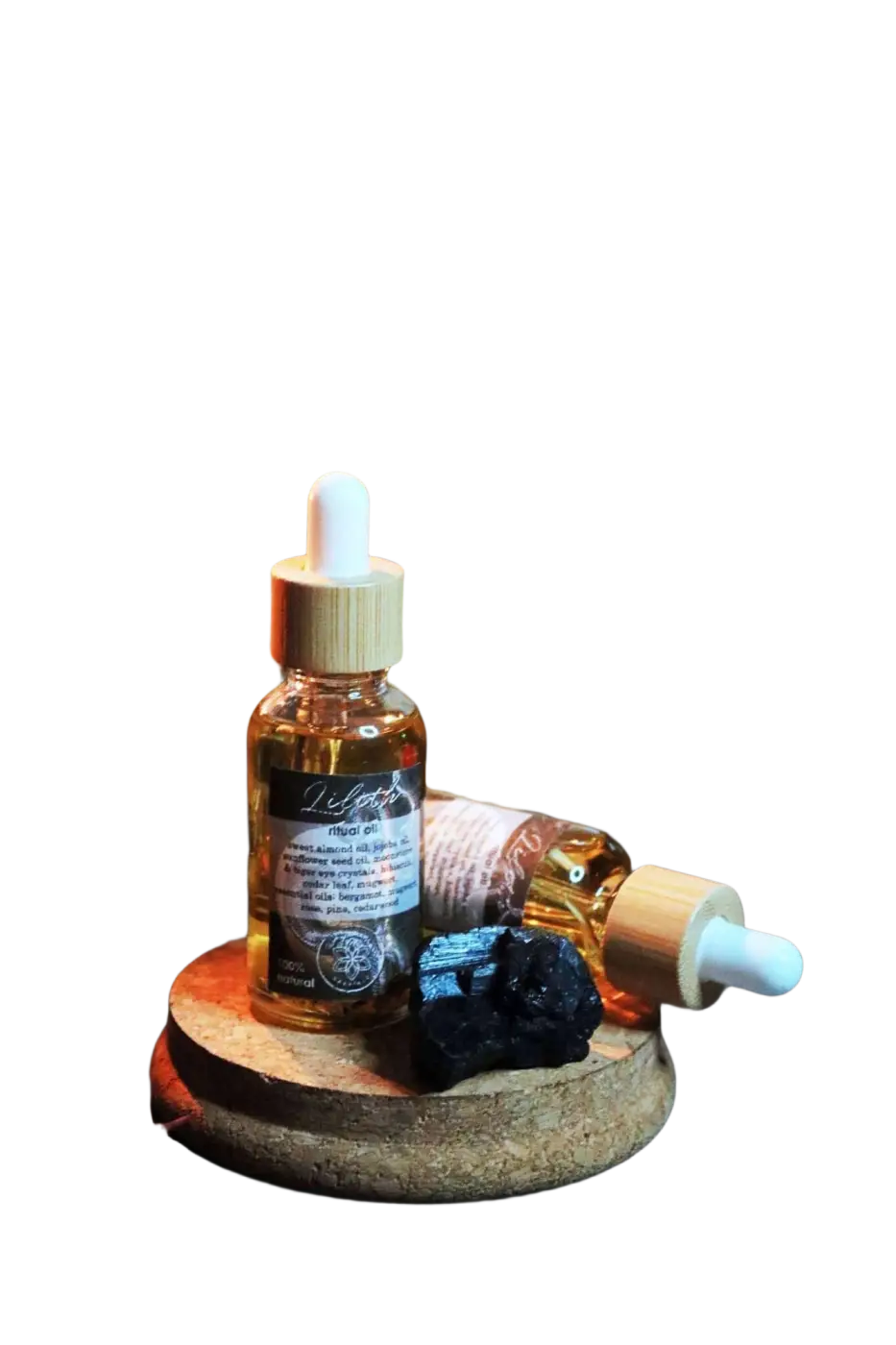 Ätherisches Lilith Öl von Ayamani Naturals mit Mondstein- und Tigeraugenkristallen, für feminines Ritual und spirituelle Reinigung