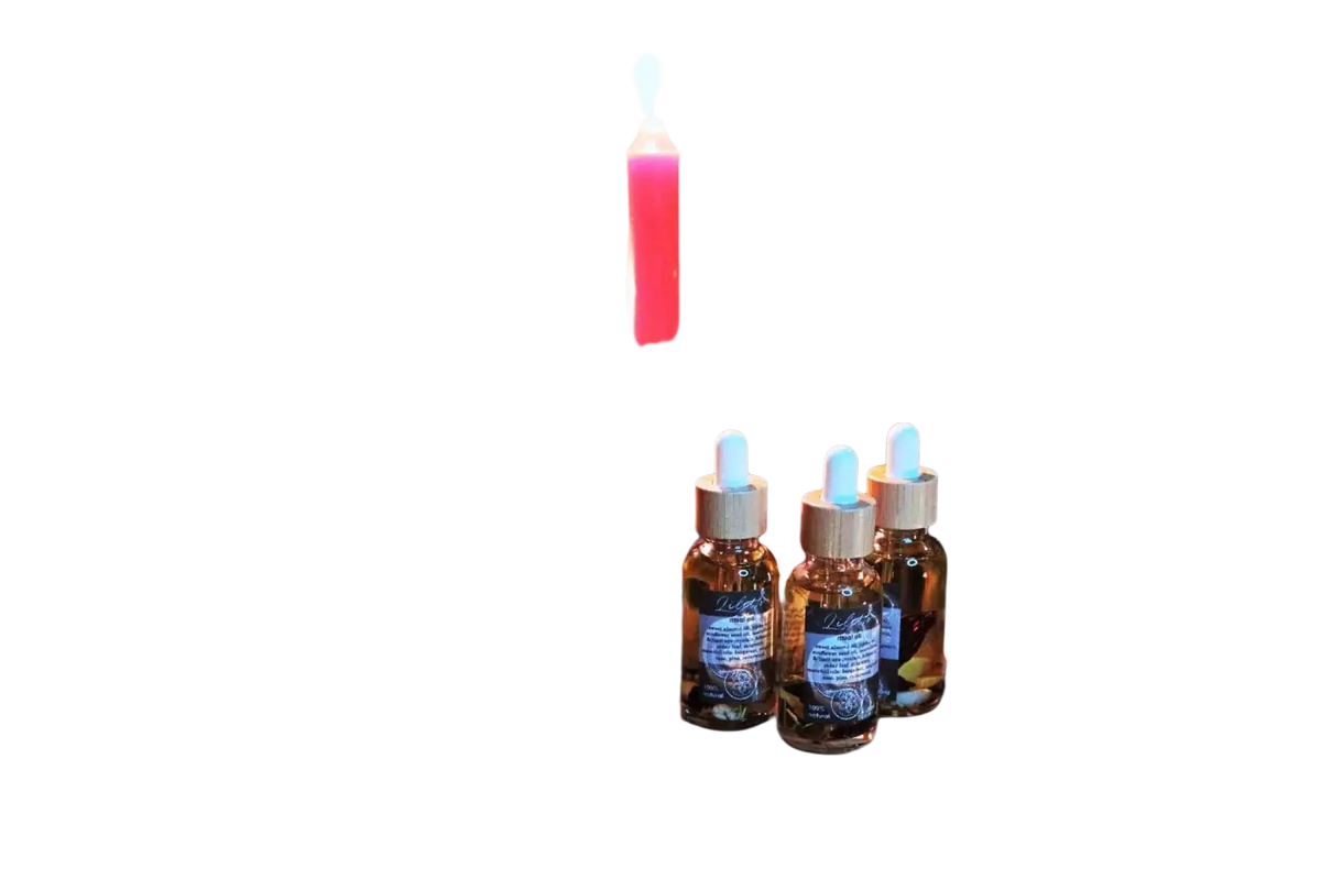 Ätherisches Lilith Öl von Ayamani Naturals mit Mondstein- und Tigeraugenkristallen für feminines Ritual, Flasche mit Kristallen.