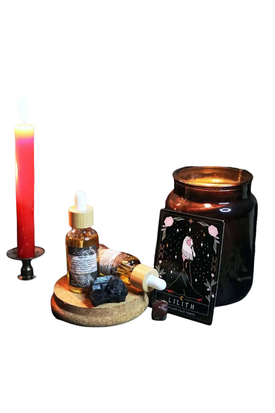 Ätherisches Lilith-Öl von Ayamani Naturals mit Mondstein- und Tigeraugenkristallen für feminines Ritual, flüssiges Feminines Ritualöl