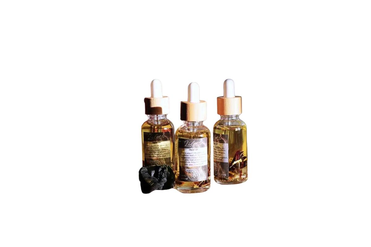 Ayamani Naturals Lilith Oil, ätherisches Ritualöl mit Mondstein- und Tigeraugenkristallen für feminines Wohlbefinden