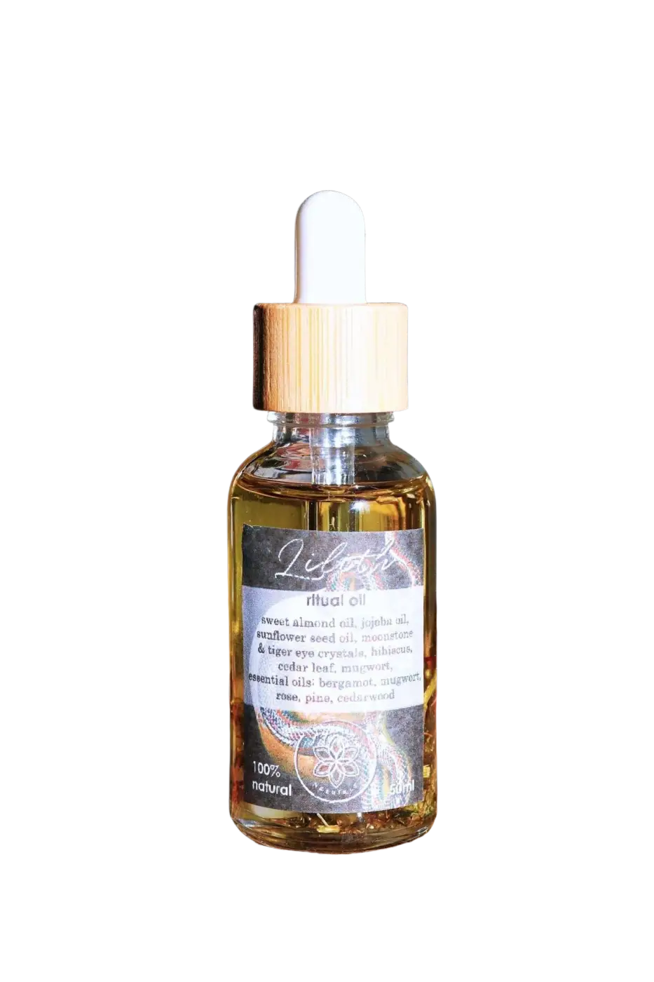 Ätherisches Lilith-Öl von Ayamani Naturals mit Mondstein- und Tigeraugenkristallen, ideal für feminines Ritual und spirituelle Anwendungen