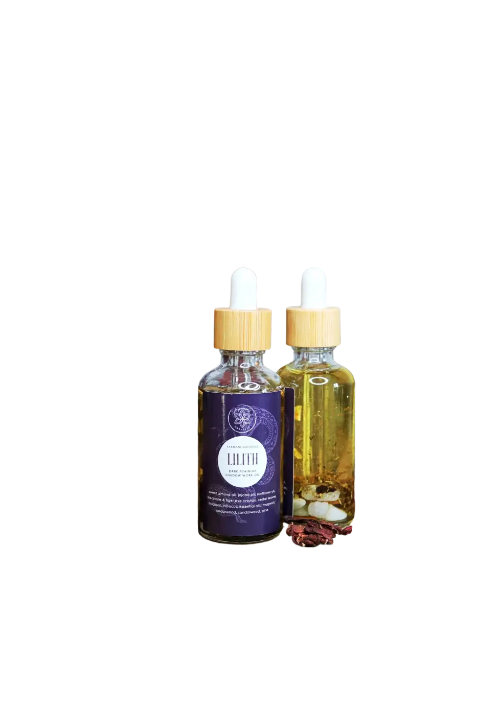 Ätherisches Lilith Öl von Ayamani Naturals mit Mondstein- und Tigeraugenkristallen, für feminines Ritual und spirituelle Praxis.