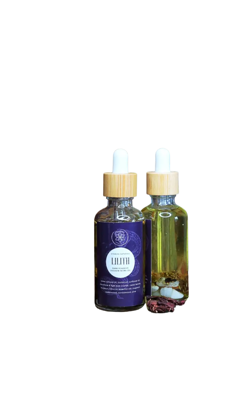 Ätherisches Ritualöl Lilith Oil von Ayamani Naturals mit Mondstein- und Tigeraugenkristallen für feminines Wohlbefinden