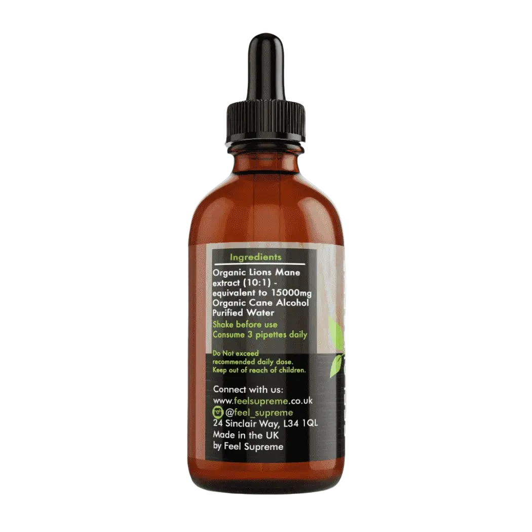 Feel Supreme Lions Mane Löwenmähne Pilzflüssigkeit in einer bernsteinfarbenen Flasche, Vitalpilz mit konzentrierter Flüssigkeit.