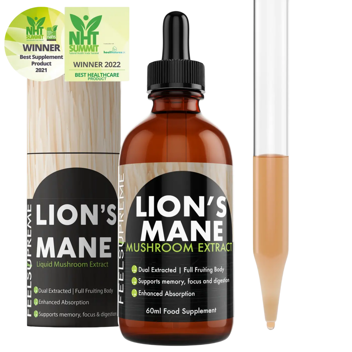 Bernsteinfarbene Lions Mane Löwenmähne Pilzflüssigkeit von Feel Supreme, in der Flasche für Vitalpilze.