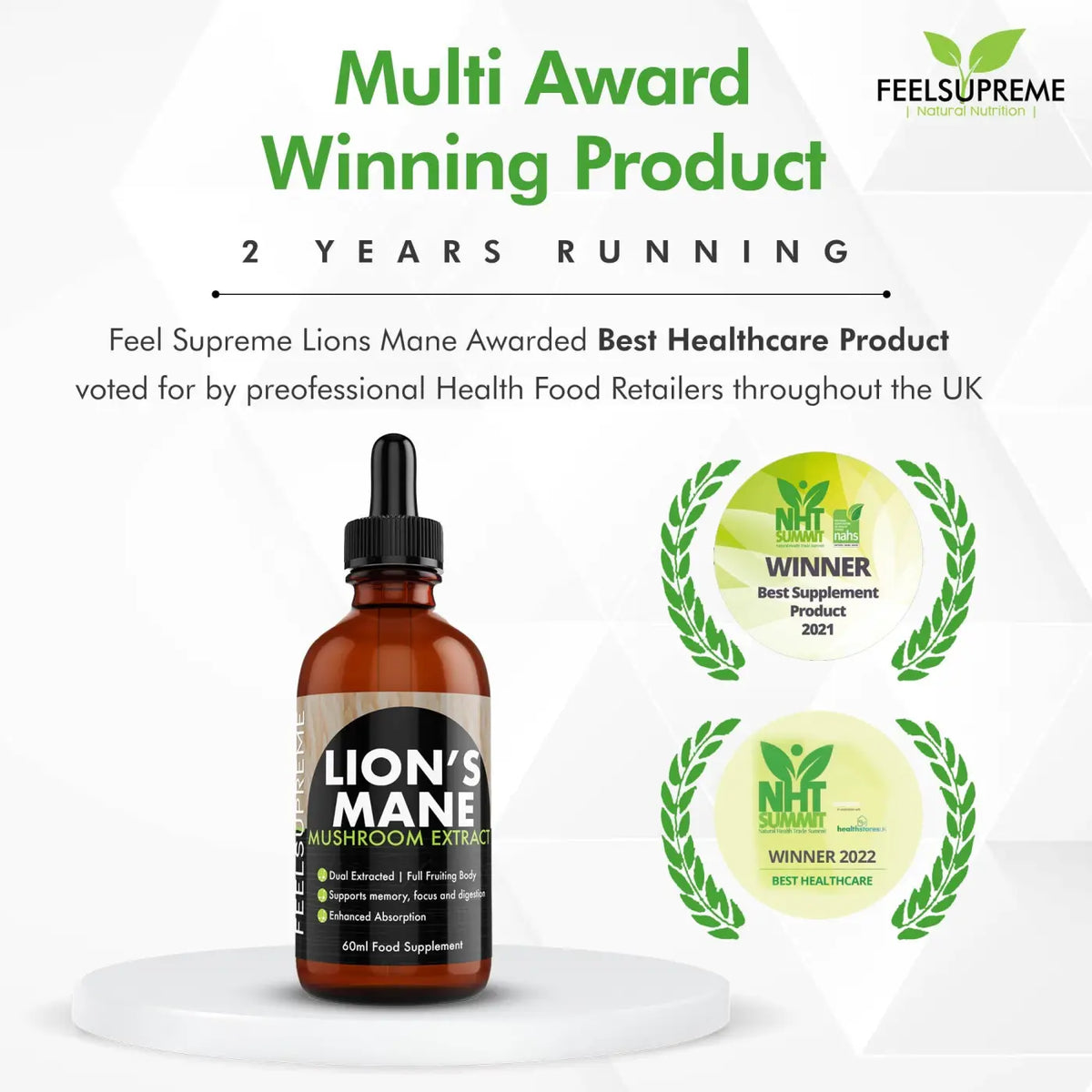 Lions Mane Löwenmähne Pilzflüssigkeit in Bernsteinglasflasche, Vitalpilz von Feel Supreme, natürliche Ergänzung für Wohlbefinden