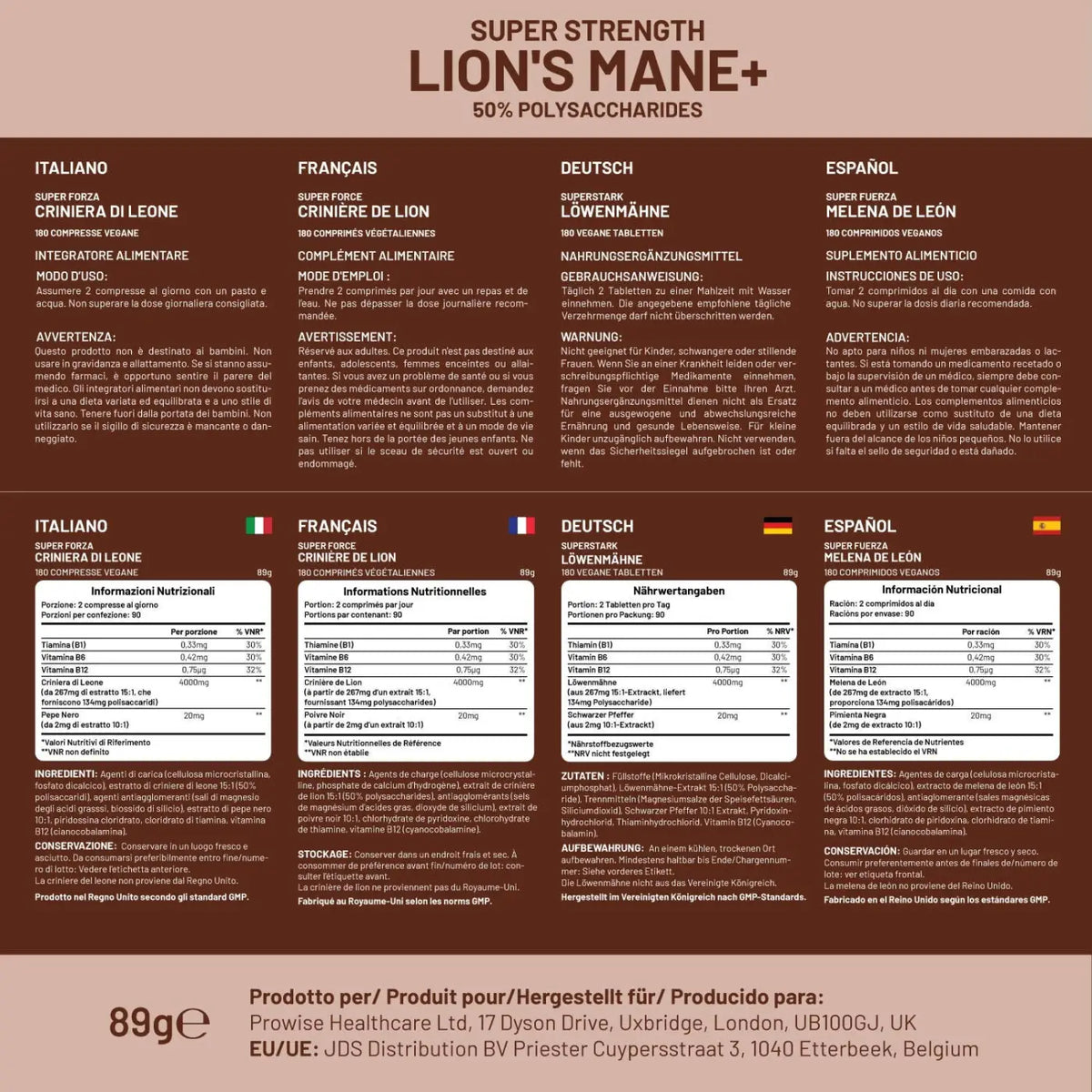 Lions Mane Pilz-Ergänzungsmittel von Prowise Healthcare, 4000 mg mit Vitamin B1, in Kapseln auf weißem Hintergrund