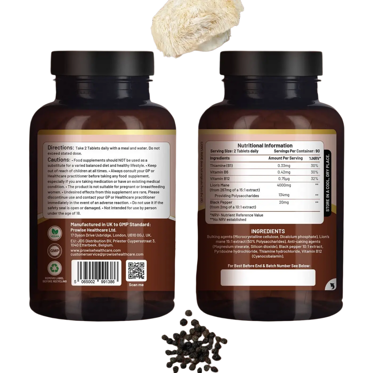 Lions Mane Pilz-Ergänzungsmittel von Prowise Healthcare, 4000 mg mit Vitamin B1, in einer Dose mit Kapseln.