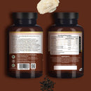 Zwei dunkelbraune glasflaschen lions mane pilz-ergänzungsmittel 4000 mg mit vitamin b1 und schwarzem verschluss