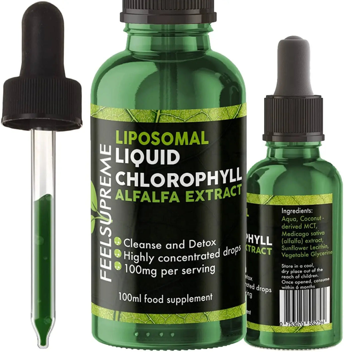 Liposomales flüssiges Chlorophyll von Feel Supreme, Nahrungsergänzungsmittel mit fortschrittlicher liposomaler Technologie, in Flasche.