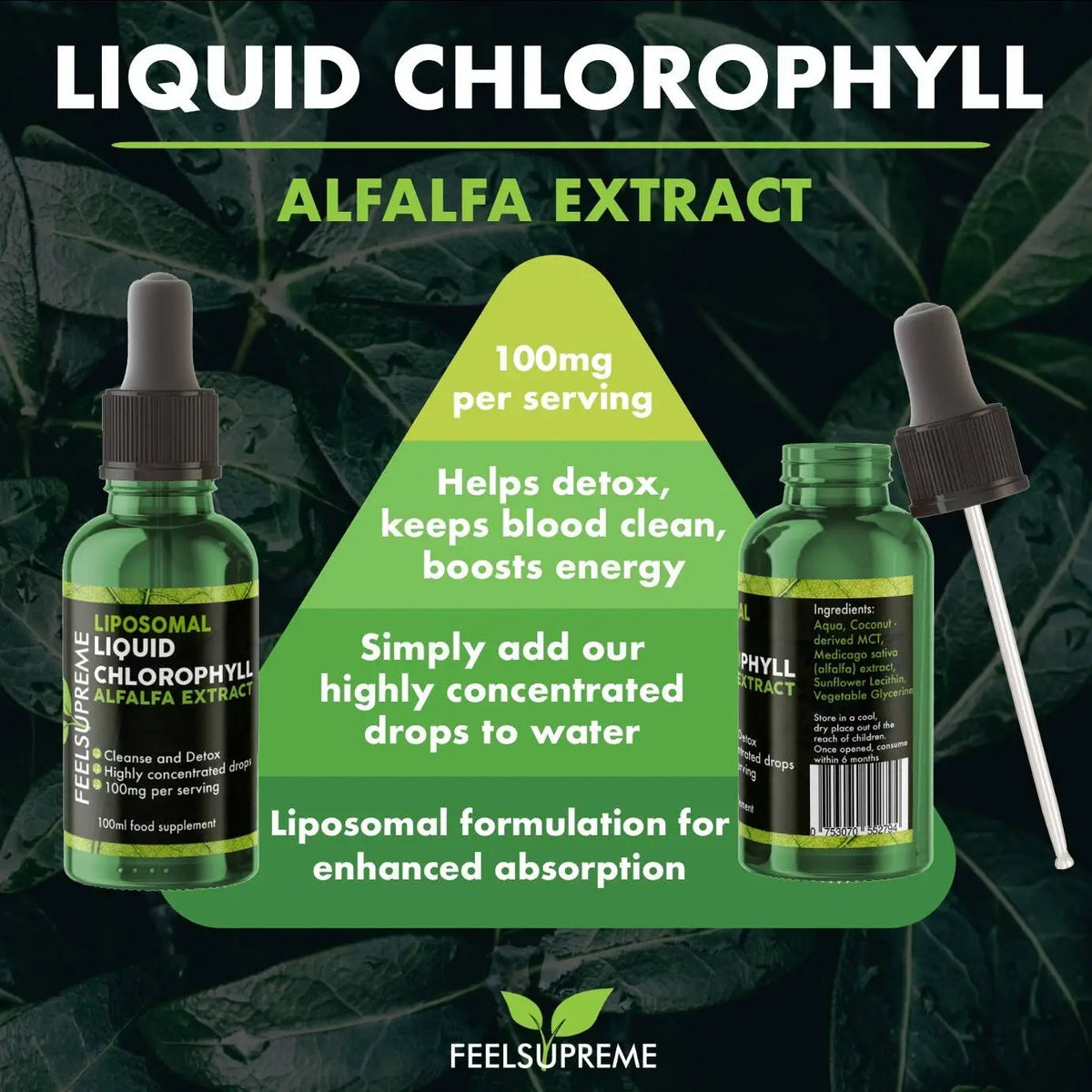 Liposomales flüssiges Chlorophyll von Feel Supreme, Nahrungsergänzung mit fortschrittlicher liposomaler Technologie, in Flasche.