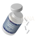 Weiße kunststoffflasche mit grauem schraubverschluss und blauem etikett lithium orotat 10 mg von harmony mit magnesium taurat und l-tryptophan für balance und weißen kapseln daneben