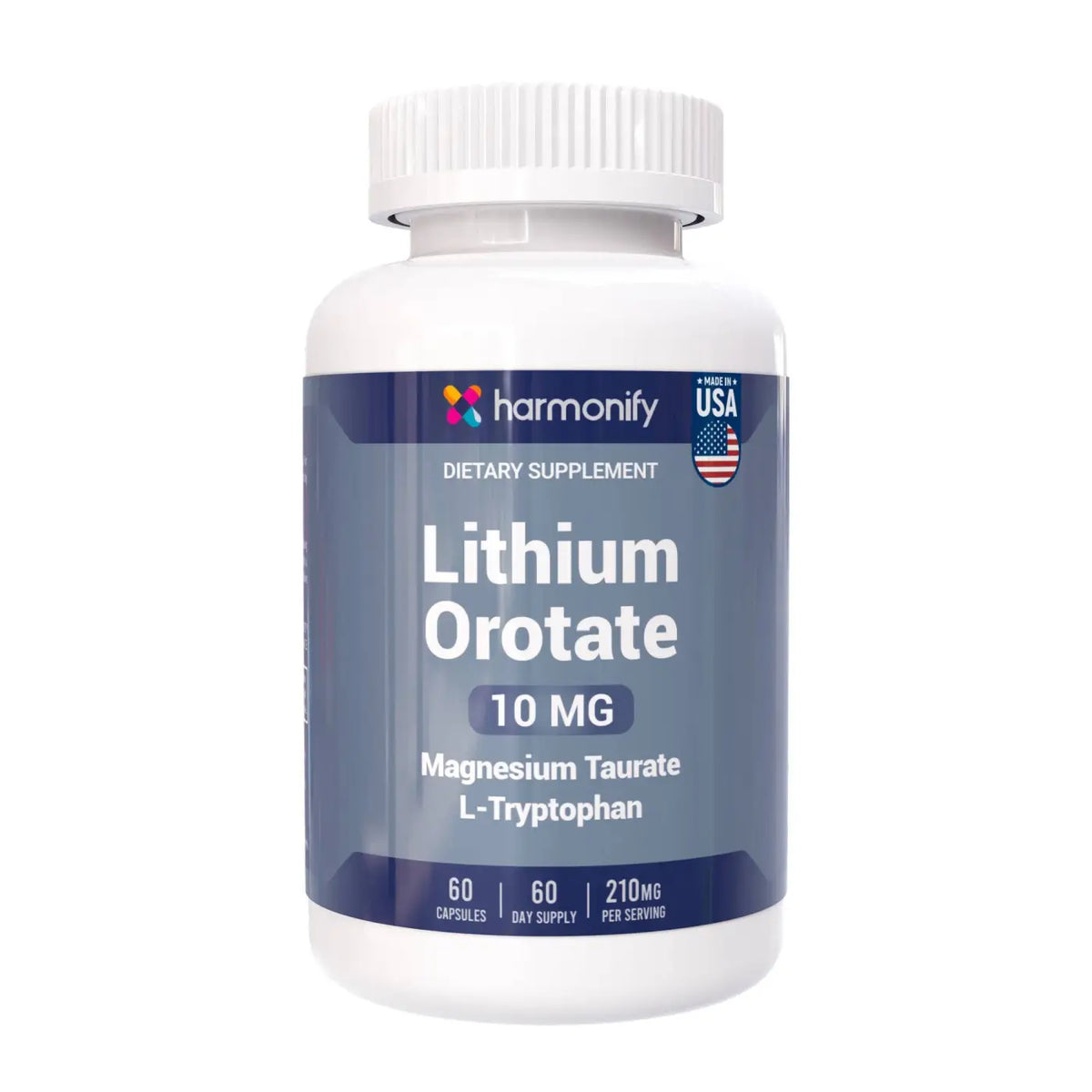 HARMONIFY Lithiumorotat 10 mg mit Magnesiumtaurat und L-Tryptophan, Nahrungsergänzungsmittel, in einer Verpackung.