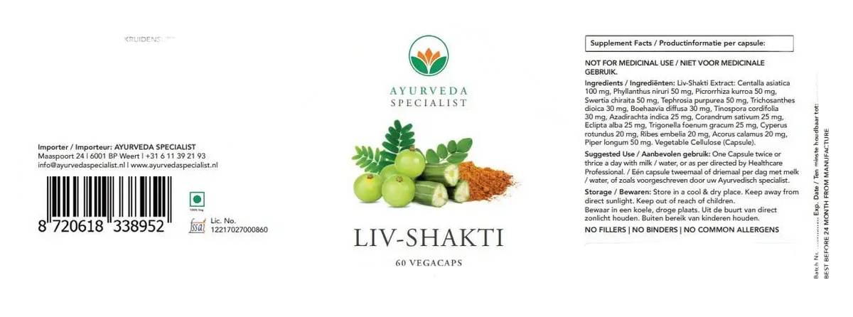 Liv-Kraft Ayurveda Kräuterformel Nahrungsergänzungsmittel von Ayurveda Specialist B.V. mit natürlicher Kräuterzusammensetzung