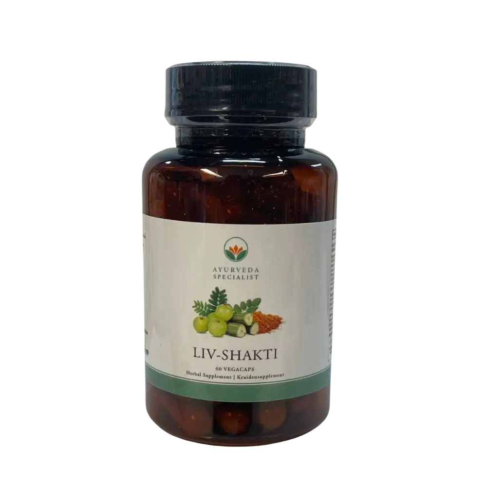 Liv-Kraft Ayurveda Kräuterformel Nahrungsergänzungsmittel in brauner Verpackung, natürliche Kräuterformel für Gesundheit