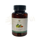Eine braune glasflasche liv shakti von ayurveda spezialist mit 66 vegakapseln ayurvedische kräuterformel