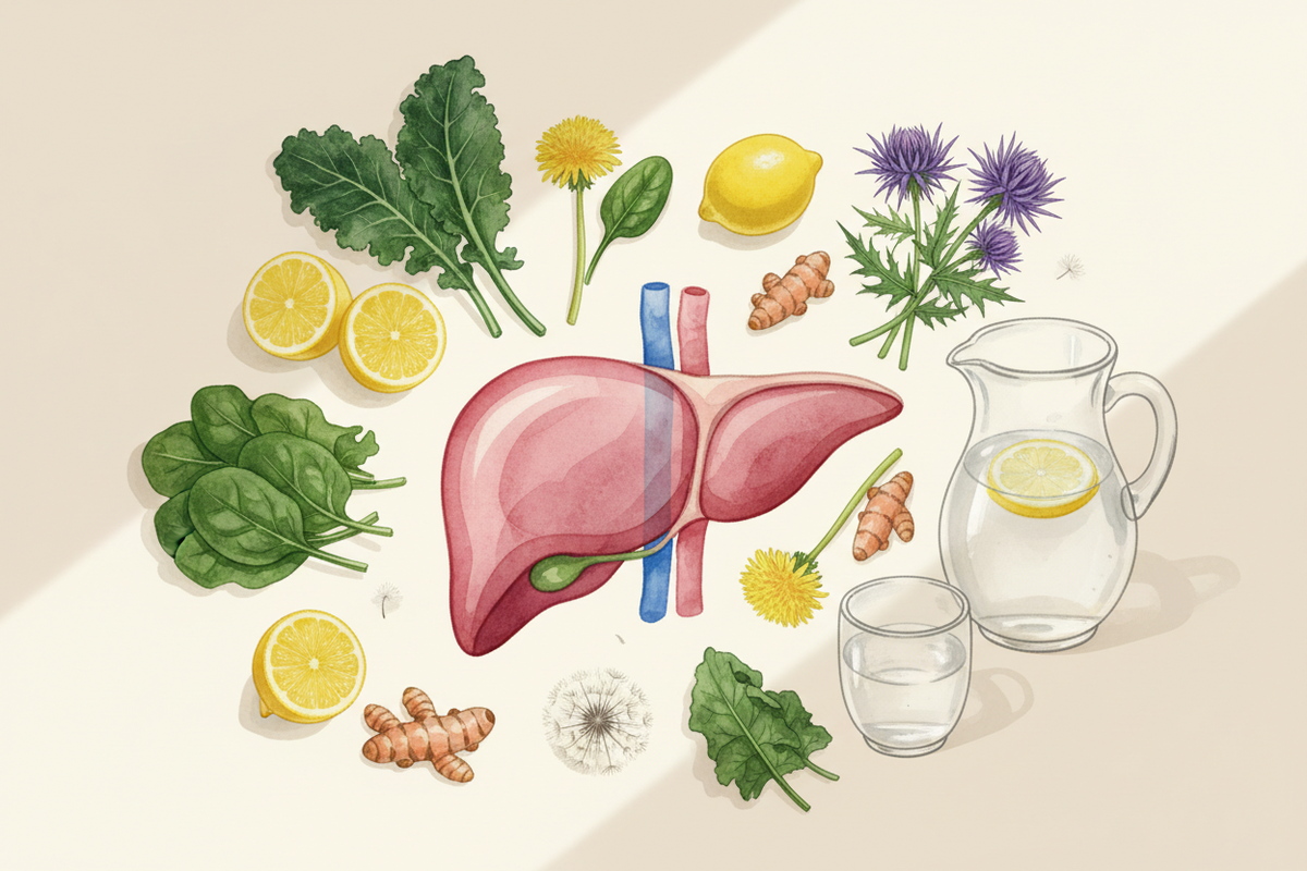 Illustration der Leber umgeben von gesunden Lebensmitteln wie Zitrone, Kurkuma und grünem Gemüse.