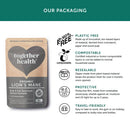 Together health bio lions mane löwenmähne kapseln mit herzförmigem fenster in brauner und dunkelgrauer nachhaltiger verpackung