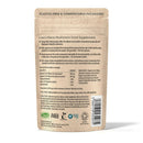Kraftfarbene kompostierbare pouch mit lions mane löwenmähne mushroom kapseln und nahrungshinweisen in schwarztext