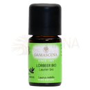 Kleine bernsteinfarbene glasflasche mit schwarzem deckel und grünem etikett damascena lorbeer bio ätherisches öl bio 5ml mana shop