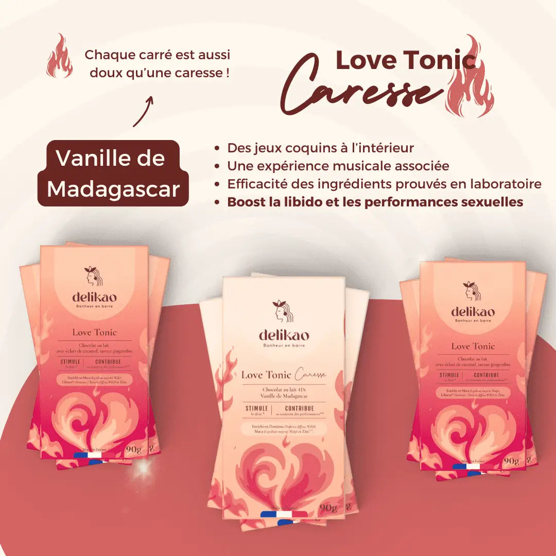 Delikao Love Tonic Caresse Kuss-Schokolade mit Vanille, aphrodisierend, süße Schokolade zur Steigerung der Libido, 40% Kakao.