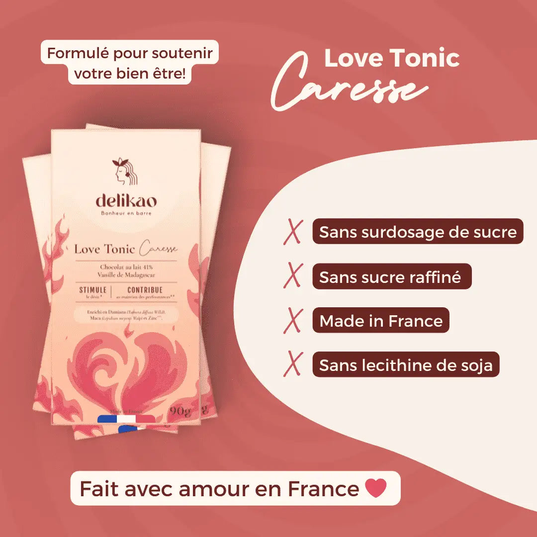 Delikao Love Tonic Caresse Kuss-Schokolade mit Vanille, aphrodisierende Süßigkeit zur Steigerung des Libidos, in 40% Schokolade.