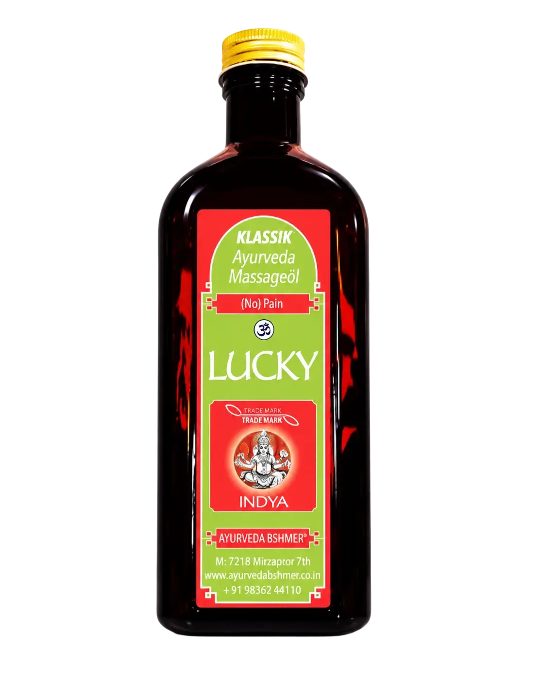 Dark amber glasflasche mit goldverschluss und rot-grünem label lucky thaila ayurveda massageöl 500ml mana shop