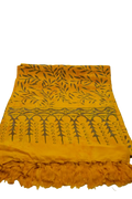 Vibranter gelber lunghi sarong pareo tuch mit dunkelgrünem botanikmuster und fransen von mana shop