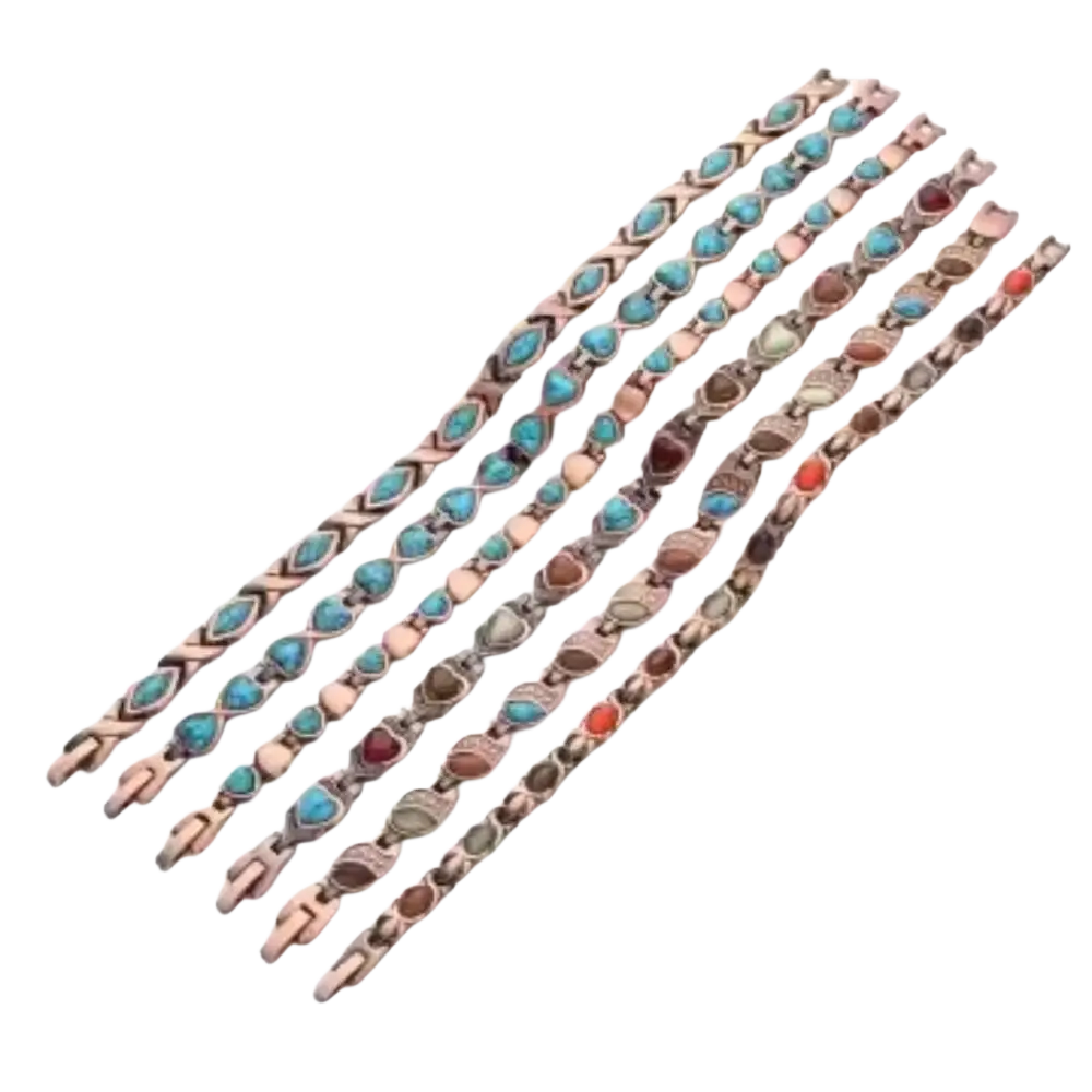 Elegante magnetische kupferarmbänder aus reinem kupfer mit türkis und erdtonsteinen in roségoldfarbenen gliedern