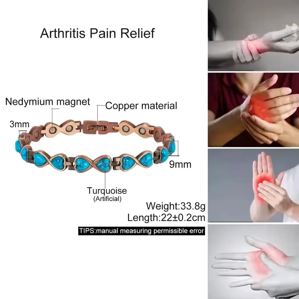 Luxus gesundheitsarmband aus reinem kupfer mit türkisfarbenen steinen und magnetische kupferarmbänder mit neodym magneten