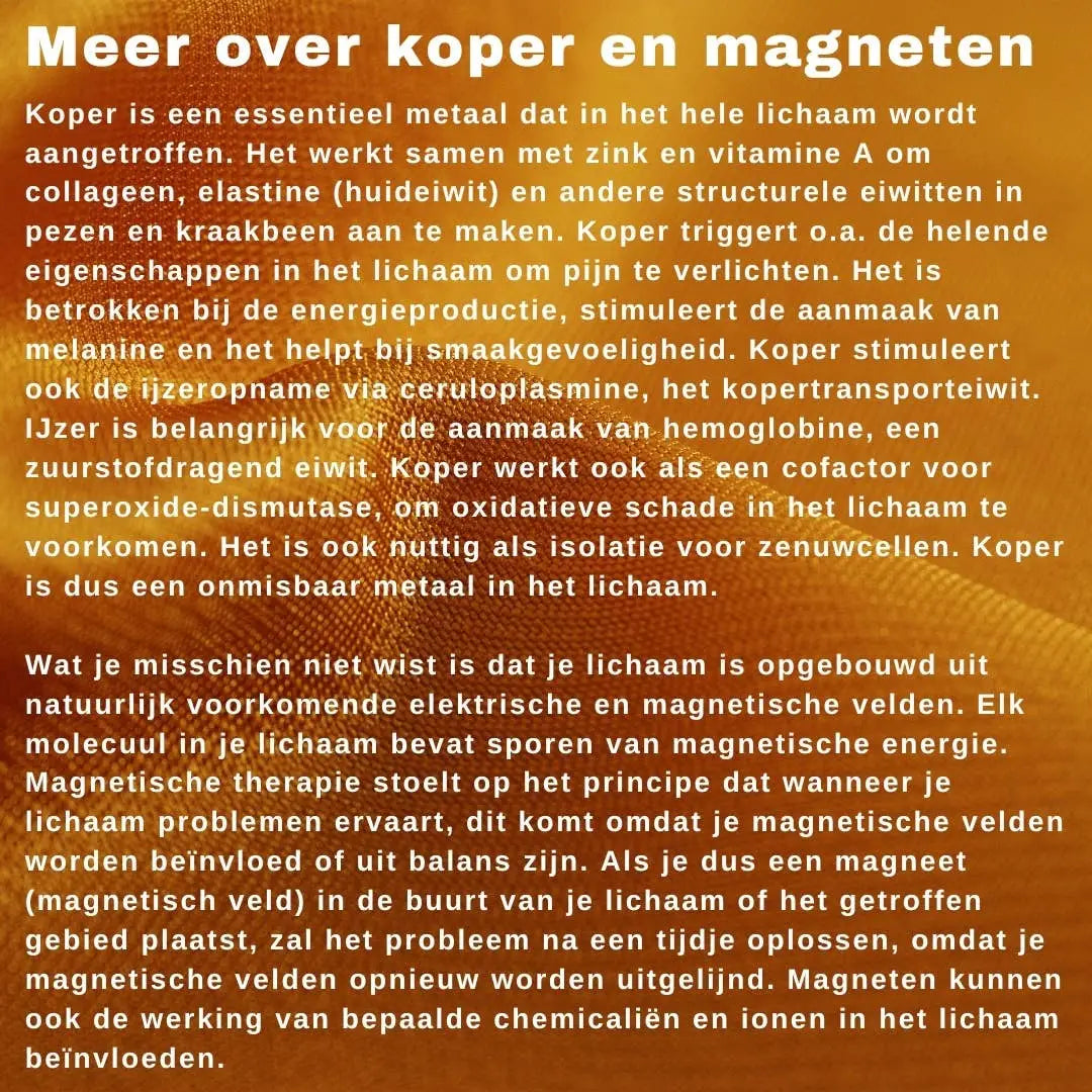 Infografik zu magnetische kupferarmbänder aus reinem kupfer mit orange verlauf über gesundheit und magneten