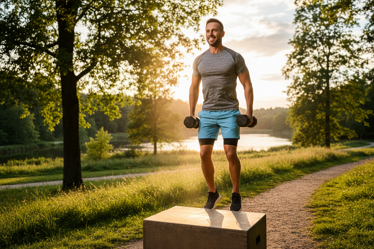 Mann beim Fitnesstraining mit Hanteln auf einer Box im Park bei Sonnenuntergang.