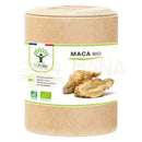 Braune zylindrische maca bio kapseln von mana shop mit weißem etikett grünem akzent und maca wurzelbildern für mentale leistung