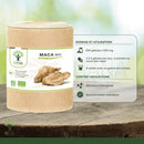 Braune pappe verpackung maca bio kapseln mit weißem etikett grüne akzente und bild der wurzel maca bio von mana shop für mentale leistung