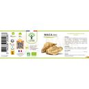 Label für maca bio kapseln von mana shop mit maca wurzelbild und text zu energie ausdauer libido und mentale leistung