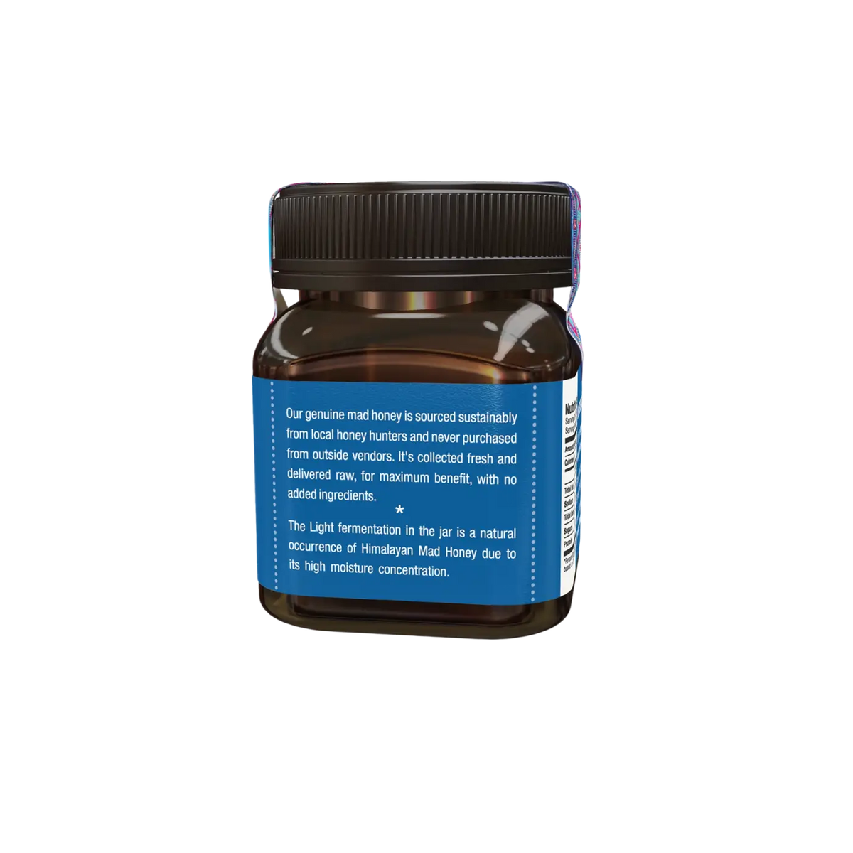 Glas mit 150 g Mad Honey Nepal Nahrungsergänzungsmittel in braunem Glas, dunkle Honigfarbe, auf weißem Hintergrund